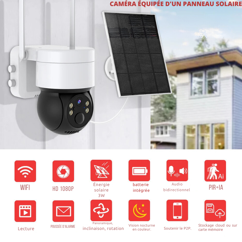 Camera de sécurité Wifi 360° avec panneau solaire